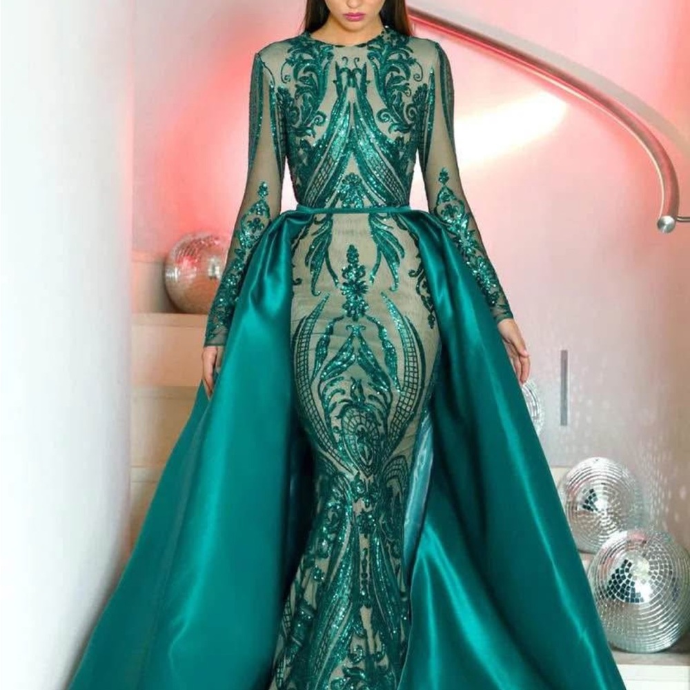 Portia & Scarlett PS1705 Green Long Sleeve Prom Pageant Dress Gown w/ Overskirt
